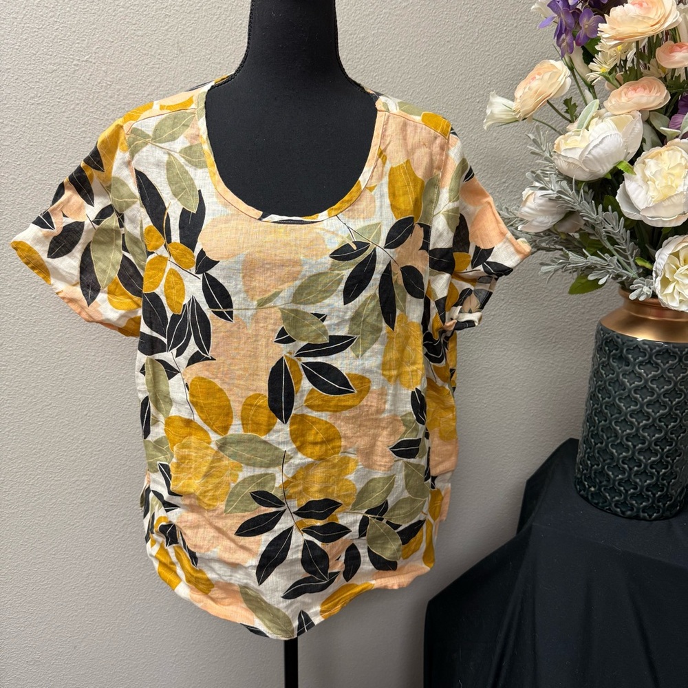 Rachel Zoe Linen Leaf Print Tee Short Sleeve Boho Summer Top 1X